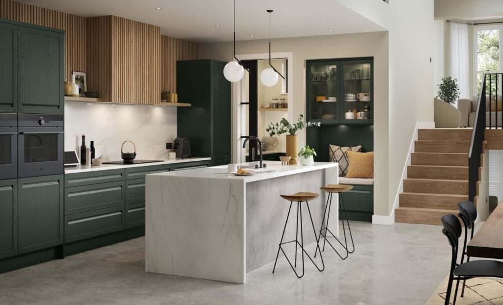 green kitchen with wooden wall panneling