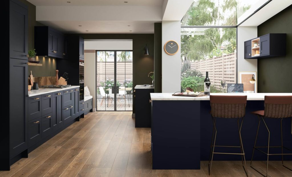 Luxurious kitchen finished in slate blue and trittal doors