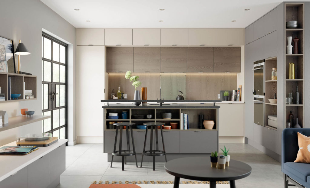 modern contemporary tavola painted shell dust grey stained weathered sliver oak kitchen hero 1